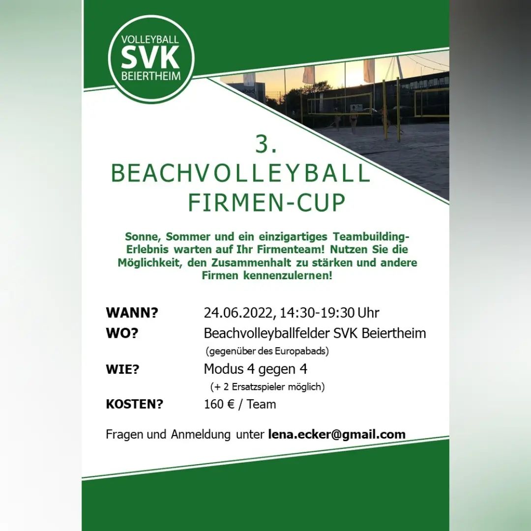 Beachvolleyball Firmencup 🏐😎
Auch dieses Jahr veranstalten wir beim SVK wieder einen Firmencup im Sand, zu dem ihr euch mit euren Kollegen anmelden könnt! 

Wann?
👇
24.06.2022

Wir freuen uns auf euch! 💪

#firmencup #svkbeiertheimvolleyball 
#beachvolleyballkarlsruhe